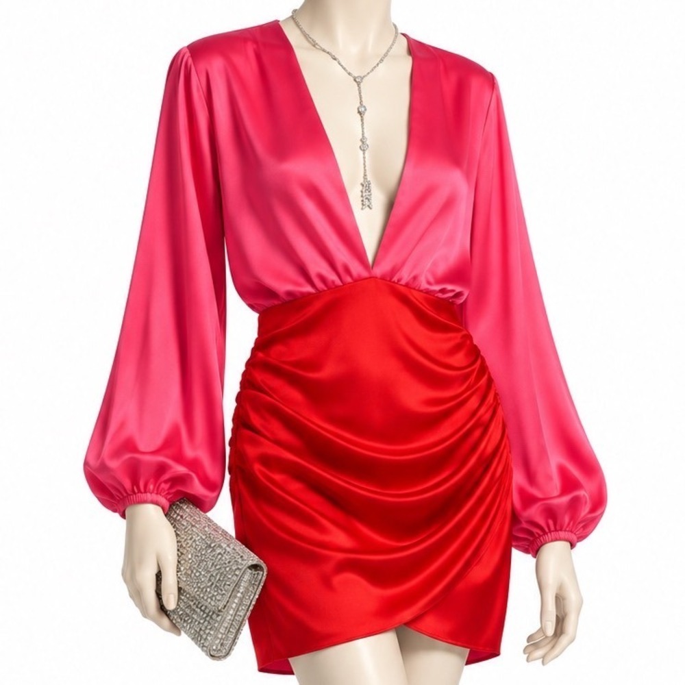 SUPERDOWN NWT Pink Red Colorblock Satin Ruched Mini Cocktail Dress | US M (6/8)